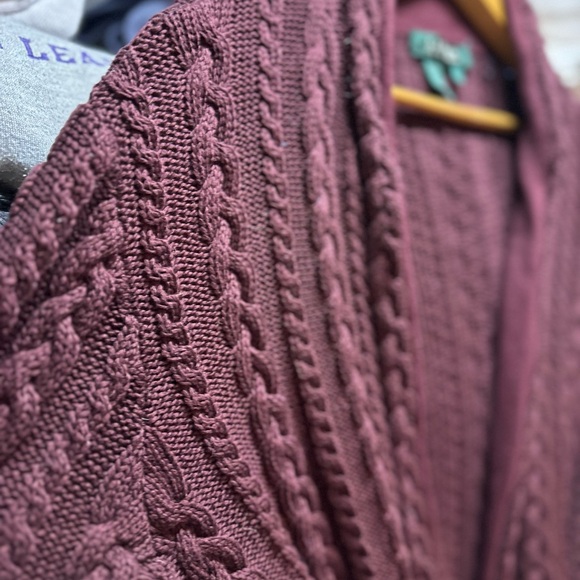 Ralph Lauren Maroon Cable Knit Sweater Cardigan Velvet Belt Large Bell Sleeve - Picture 3 of 8